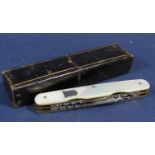 Good quality mother-of-pearl pocket knife by T. Turner & Co, with gilt interior and purple leather