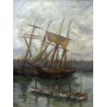 G Pares (Late 19th century British school) - Harbour scene with moored fishing boats, oil on canvas,