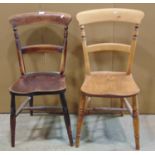 A matched pair of elm and beechwood Windsor bar back kitchen chairs (one stripped)