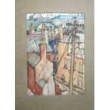 Mid-20th century British school - View of a city scape with roof tops and figures, watercolour and