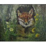 Clodagh Cravos (20th century British) - Study of a Fox amongst Dandelions and Primroses, oil on