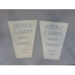 Two advertising stickers for Hinks Outdoor street lanterns, Patent Burners Birmingham and London,