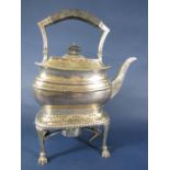 A silver spirit kettle with stand and burner (all three sections are hallmarked) of rectangular form