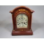 Edwardian inlaid walnut bracket type clock, the arched engraved dial with silent chime subsidiary