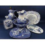 A Copeland Spode Italian pattern blue and white printed jug and basin set and matching lamp base, 31