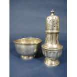 Silver baluster shaped sugar caster with pierced cover Chester 1907, 5oz approx and a simple