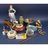 A collection of decorative ceramics including a figure of a goose girl, various trinket boxes and