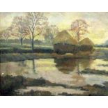 E M Stoddart (Late 19th century British school) - Landscape with flooded fields and hayricks, oil on