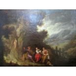 18th century continental school - Mountainous landscape with female figures and a child listening to