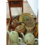 A four piece ceramic tea and coffee set overlaid with timber, with painted detail, two copper