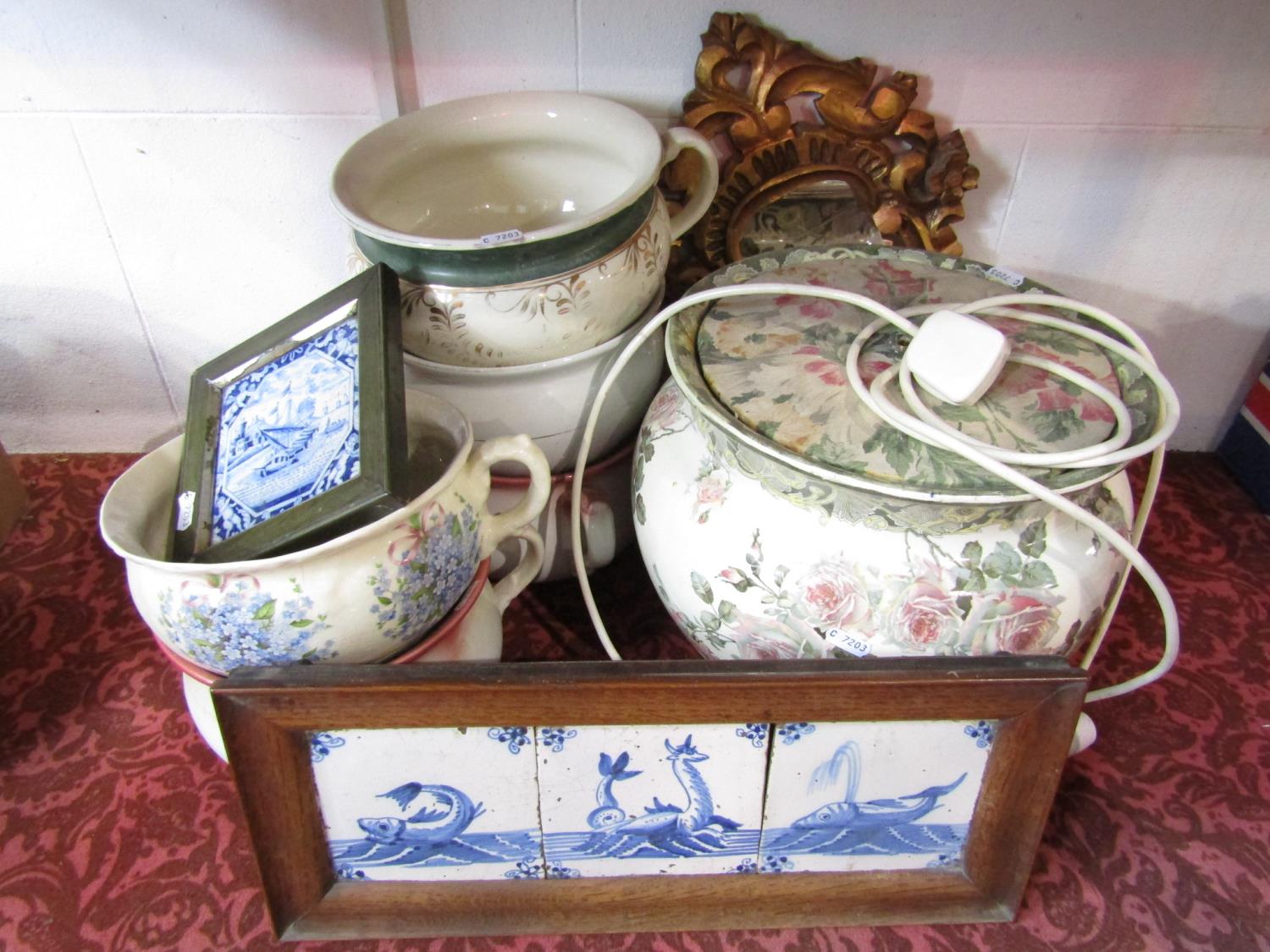 A set of three early 19th century Delft type blue and white tiles with painted fish and sea - Image 2 of 2