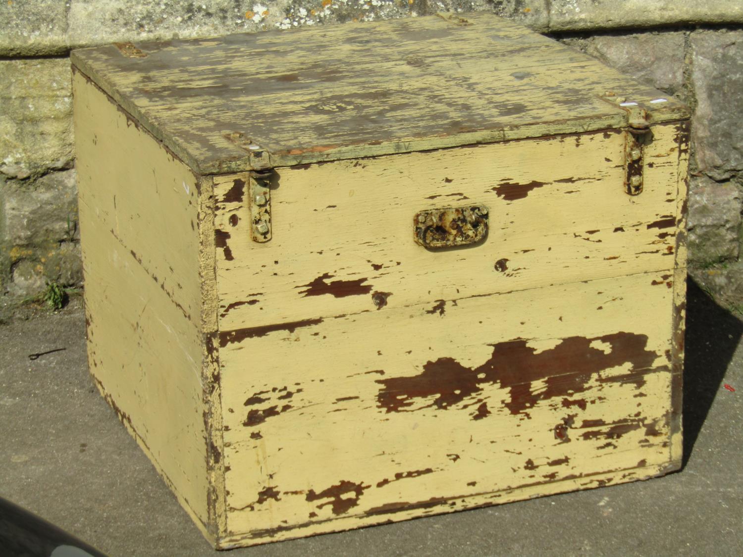 A vintage painted industrial pine box with iron fittings and removeable lid, 72cm square (