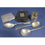 A mixed collection of silver comprising an engine turned cigarette case, napkin ring pierced with