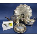 A mixed collection of silver plated items comprising a three piece bachelor tea service, a cloche, a