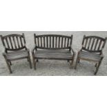 Small teak three piece garden set comprising a two seat sofa and two matching armchairs 110 cm max