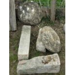 Two limestone staddle stone caps and three limestone pillars