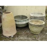 A rhubarb forcer and three various decorative garden pots