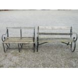 Two sprung steel garden benches with timber lathes 122 cm x 100 cm (AF)
