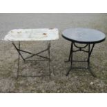 Two cafe tables, one rectangular, the other circular with painted finish