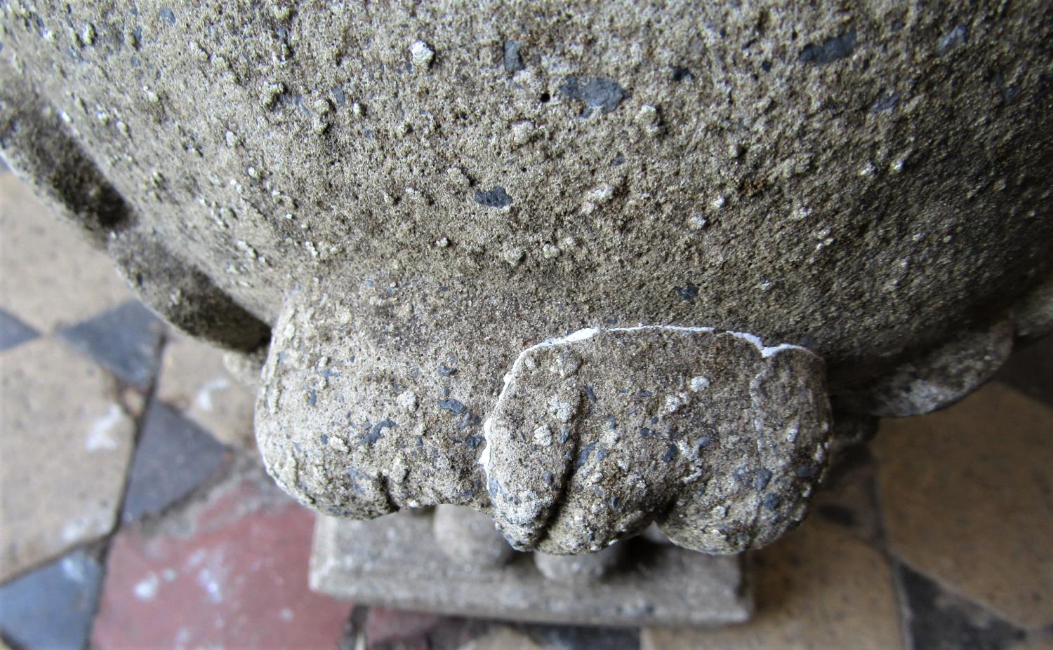 A pair of reclaimed garden finials globular with acanthus leaf detail raised on square cut bases, 55 - Image 2 of 3