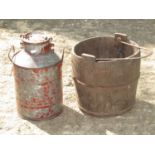 A Chinese well bucket of circular form with iron banded detail and a further vintage galvanised iron