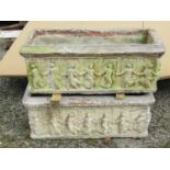 A pair of reclaimed rectangular planters moulded with classical relief dancing characters, 75 cm