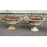 Pair of 19th century cast compana shaped urns with egg and tongue borders, open scrolled handles, 40