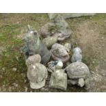 Eleven reclaimed garden figures of animals principally hedgehogs including a tortoise, fox,