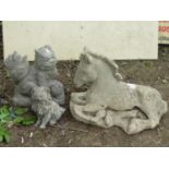 Reclaimed figure of a recumbent foal, a kitten and a Chinese temple lion 60 cm and smaller