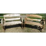 Two wooden garden benches with simulated wagon wheel ends, 105 cm wide