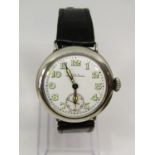 Vintage silver lug military type watch, with luminous Arabic numerals and hands, subsidiary second