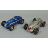 2 unboxed 1940's/50's toy cars 'The Mighty Midget Electric Racer' in blue and silver, playworn (2)