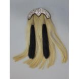 Scottish horsehair sporran with leather pouch, 2 black tassels, with white metal work depicting