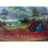 19th century coaching scene with the Royal Liverpool coach passing a country house and grounds,
