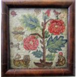 Late 17th/early 18th century finely worked needlework panel incorporating flowering tree, a