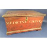 Antique scumbled pine box of small proportions inscribed 'Medicine Chest,' 49 x 25cm