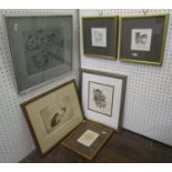 A collection of six various signed monochrome etchings of cat subjects artists include Gilbert,