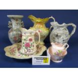 A collection of late 19th century and later ceramics including a smear glazed relief moulded jug