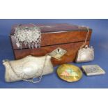 Victorian burr walnut and pearl inlaid box containing a collection of silver plated ladies purses to