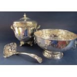 Silver plated twin handled Victorian style punch bowl with embossed floral band, together with a