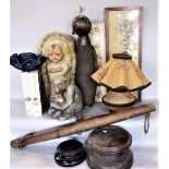 A large mixed miscellaneous lot comprising a vellum lamp and shade, a ceramic study of a monkey
