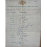 A framed and signed Australia Team Tour, 1961, sheet including the signature of Richard Benaud