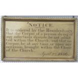 Antique painted wooden sign inscribed 'Notice. It Is Ordered By The Residentiary, That The Corpse Of