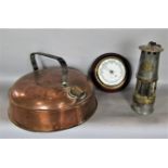 A large copper flat based kettle, with wrought iron handle 37cm diameter, together with a further