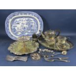 Mixed collection of silver plated items comprising a salver, three piece tea service, tazza, a