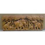 Carved eastern wooden panel decorated with a herd of elephants 35 x 91 cm, with a further tall