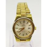 Ladies Omega automatic Geneve gold plated wristwatch, the champagne dial with baton markers and date