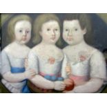 Early 19th century school - Waist length studies of three children holding a basket of fruit, pastel