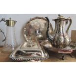 Small collection of silver plated items comprising a silver plated glass claret jug, salver, lobed