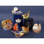 A collection of Royal Crown Derby paperweights in the form of birds, comprising a cockerel and a